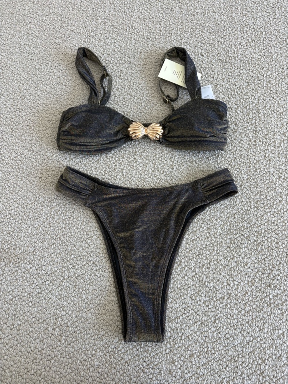 Cupshe Metallic Black Bikini with Gold Shell Accent